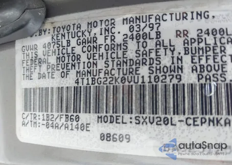 1997 Toyota Camry Ce/Le/Xle z USA, uszkodzony, nr VIN 4T1BG22K0VU110279